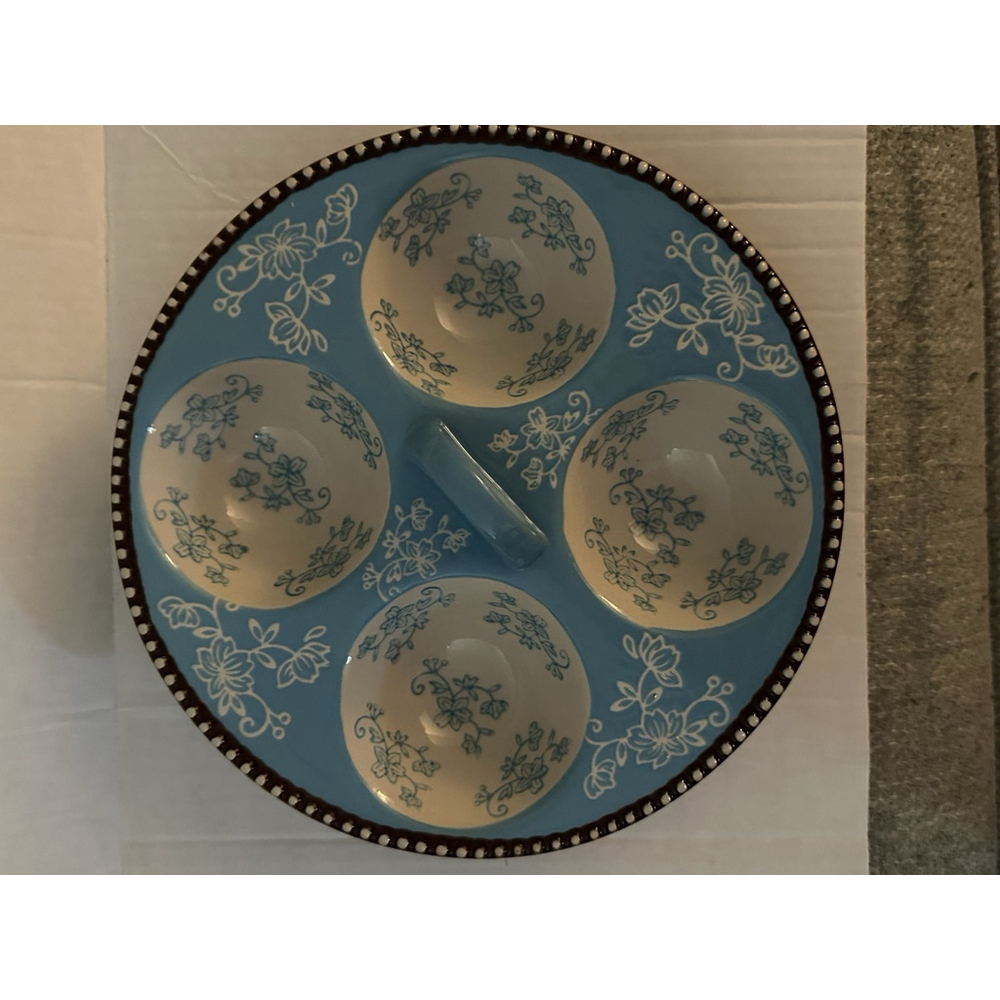 Temp-tations Poached Egg Tray Turquoise Blue Floral Ceramic 4 Egg Plate